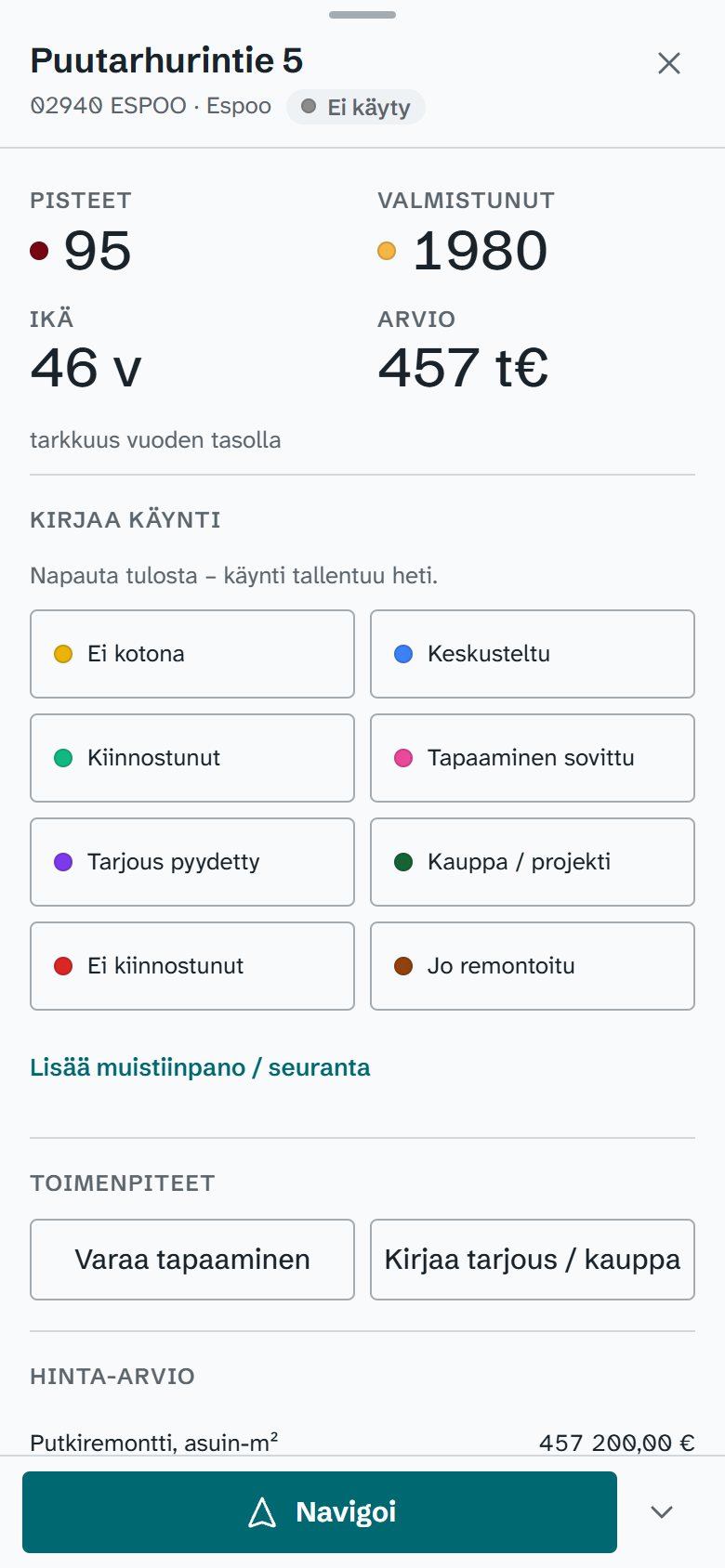 Puhelimen rakennuskortti: pisteet 95, valmistunut 1980, hinta-arvio 457 000 euroa ja käynnin tulospainikkeet.